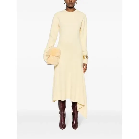 Jil Sander Womens Asymmetric-Hem Merino Wool Midi Sweater Dress Natural Sz 4 - Picture 2 of 12